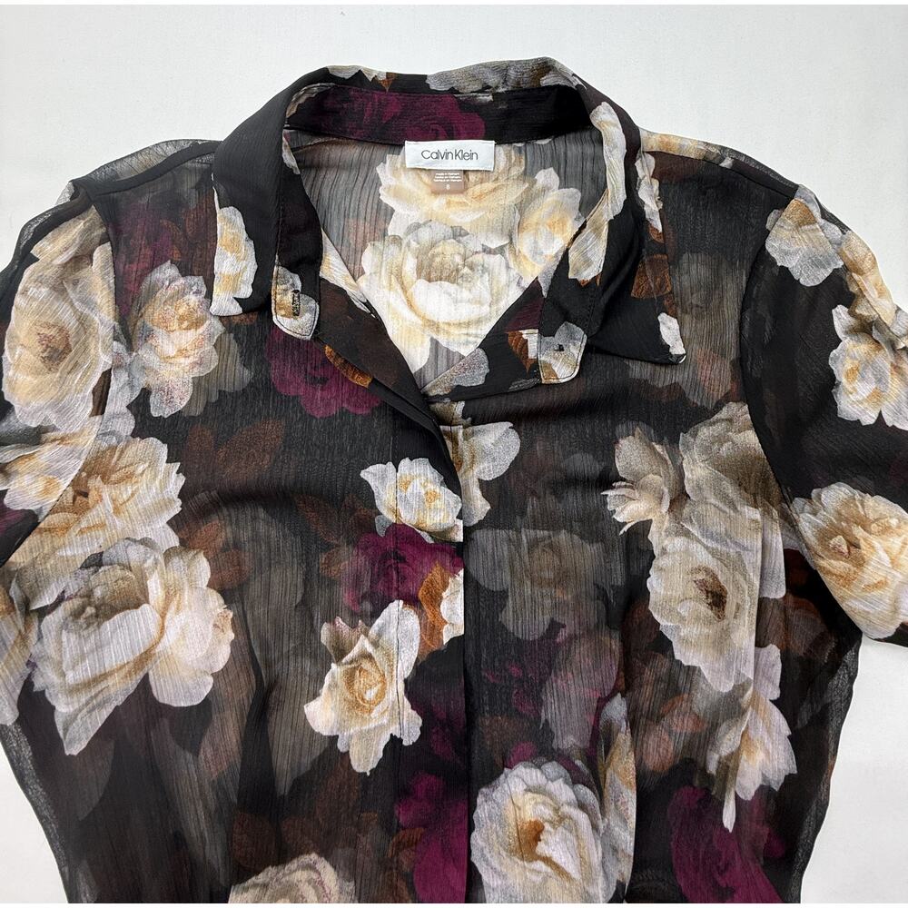 Calvin Klein women's black floral print dress sheer belted waist Sz 8 - Picture 3 of 12
